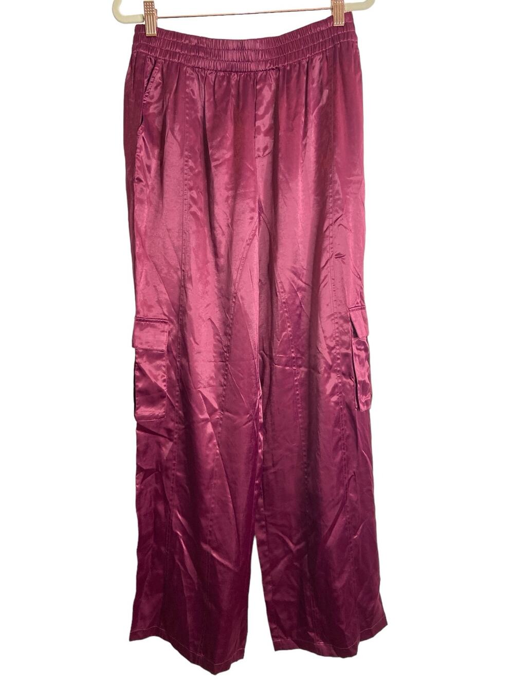 Lovers and Friends Satin Wide Leg Cargo Pants Pull On Elastic Waist Streetwear S